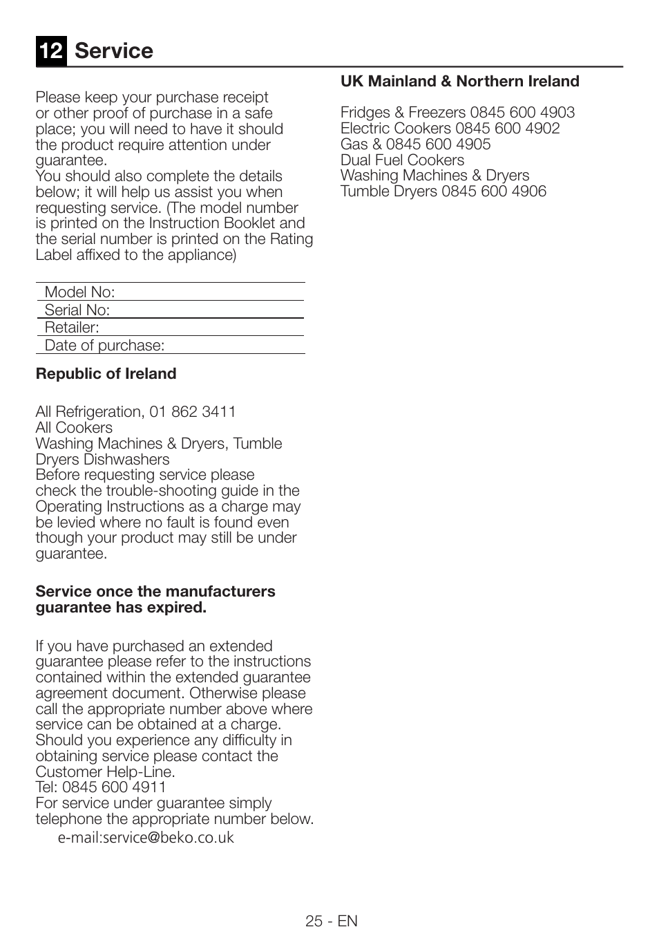 12 service | Beko DRVS 62 S User Manual | Page 25 / 28