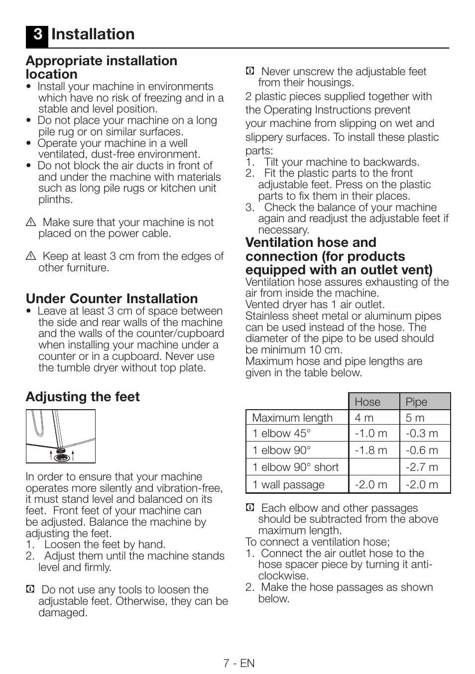 3installation, Appropriate installation location, Under | Counter, Installation, Adjusting the feet | Beko DRVS 62 S User Manual | Page 7 / 28