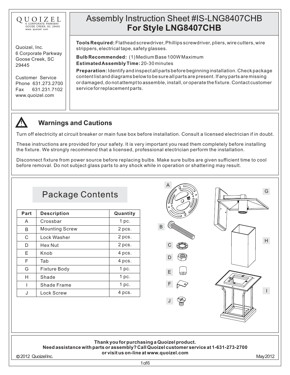 Quoizel LNG8407CHB Langston User Manual | 6 pages