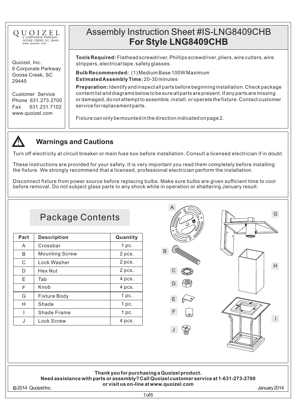 Quoizel LNG8409CHB Langston User Manual | 6 pages