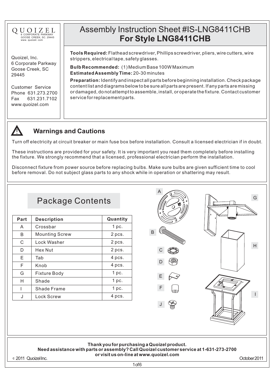 Quoizel LNG8411CHB Langston User Manual | 6 pages