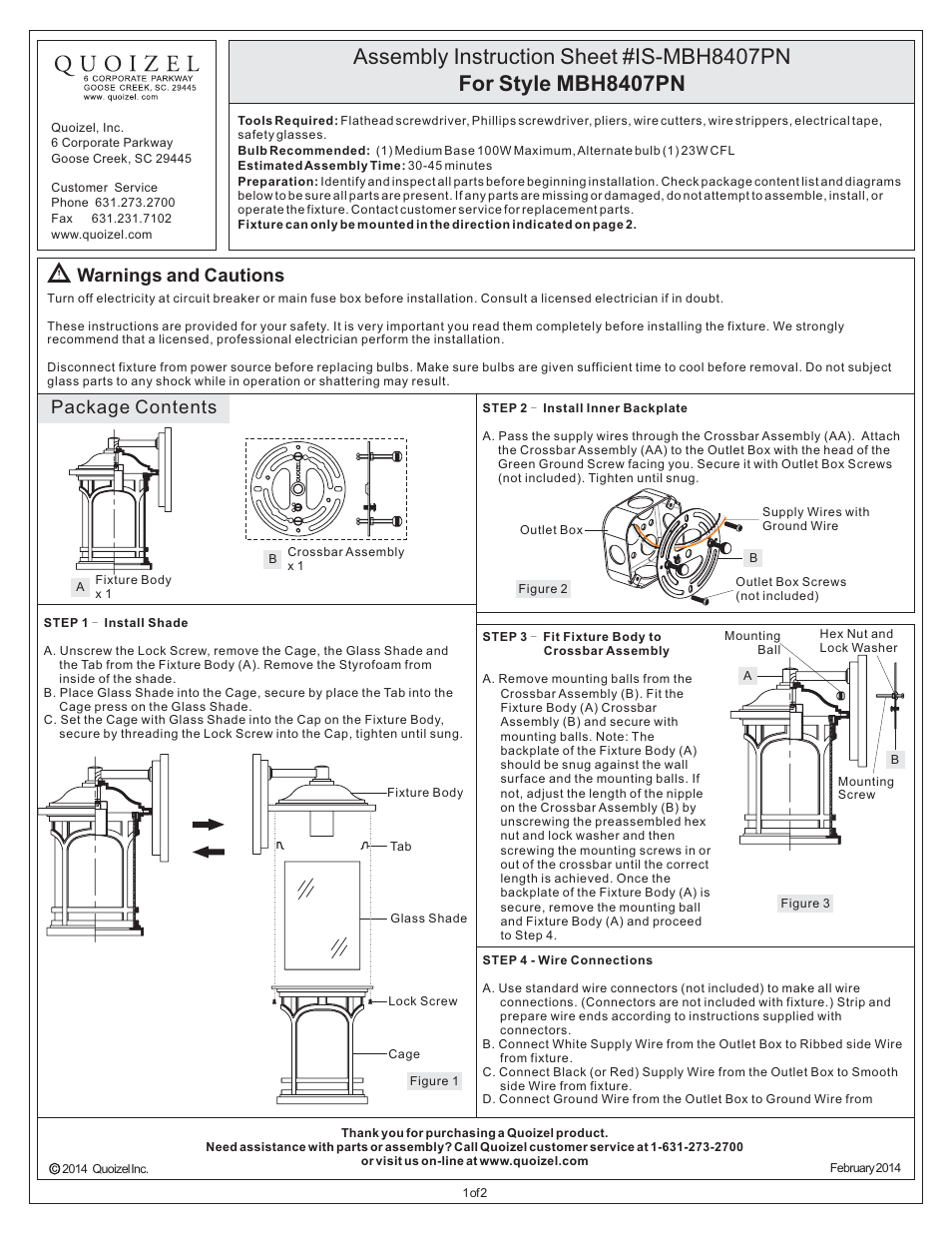 Quoizel MBH8407PN Marblehead User Manual | 2 pages