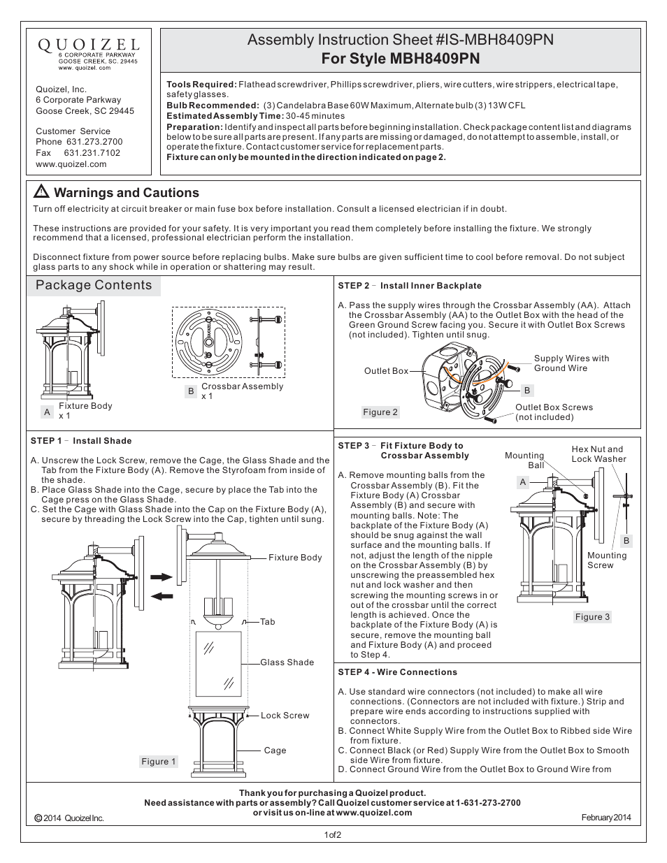 Quoizel MBH8409PN Marblehead User Manual | 2 pages