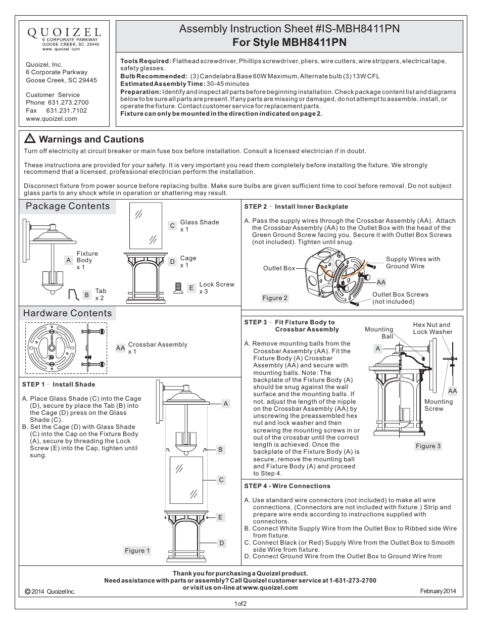 Quoizel MBH8411PN Marblehead User Manual | 2 pages