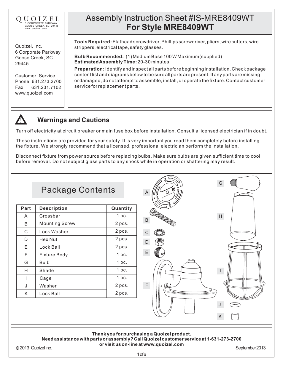 Quoizel MRE8409WT Marine User Manual | 6 pages