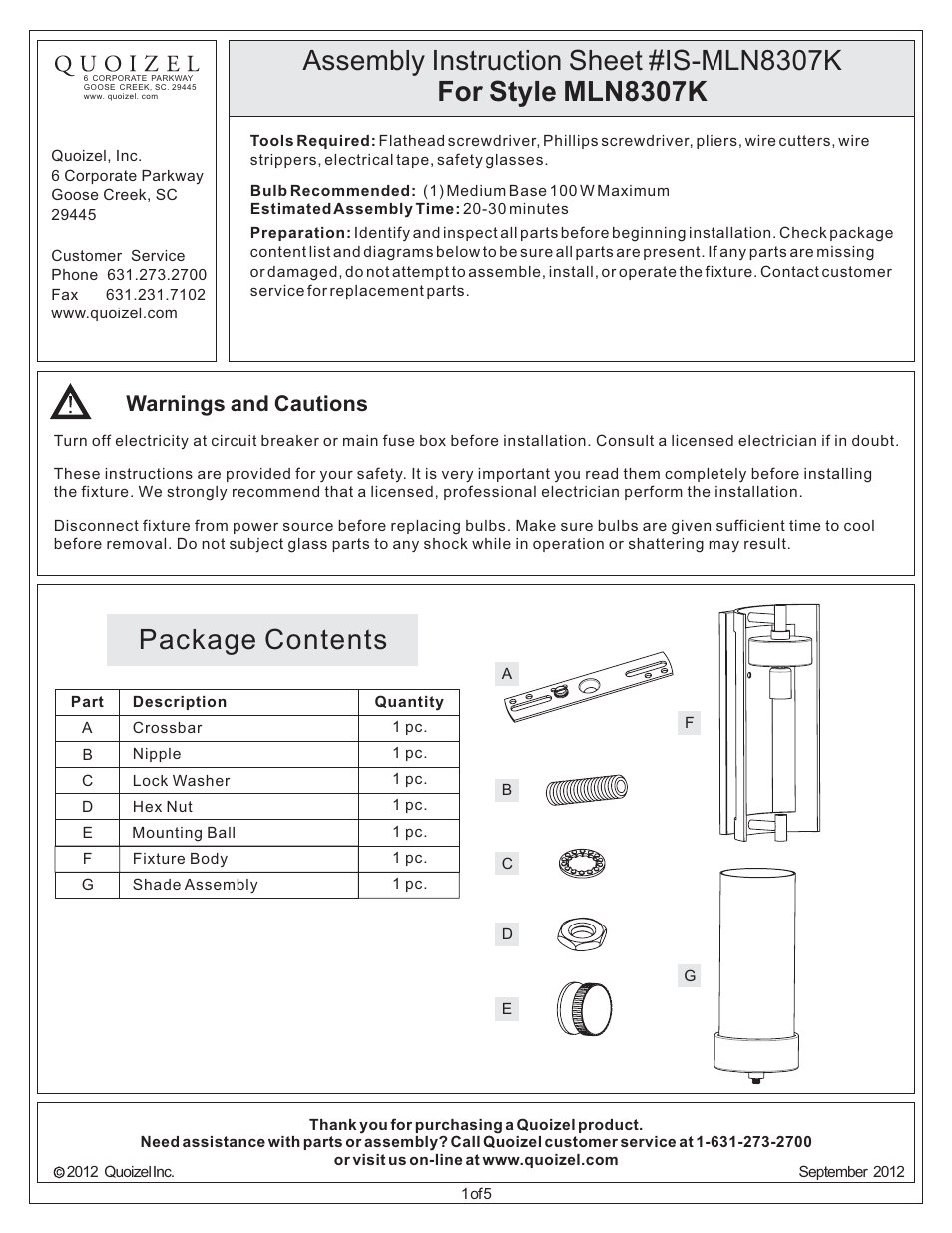 Quoizel MLN8307K Milan User Manual | 5 pages