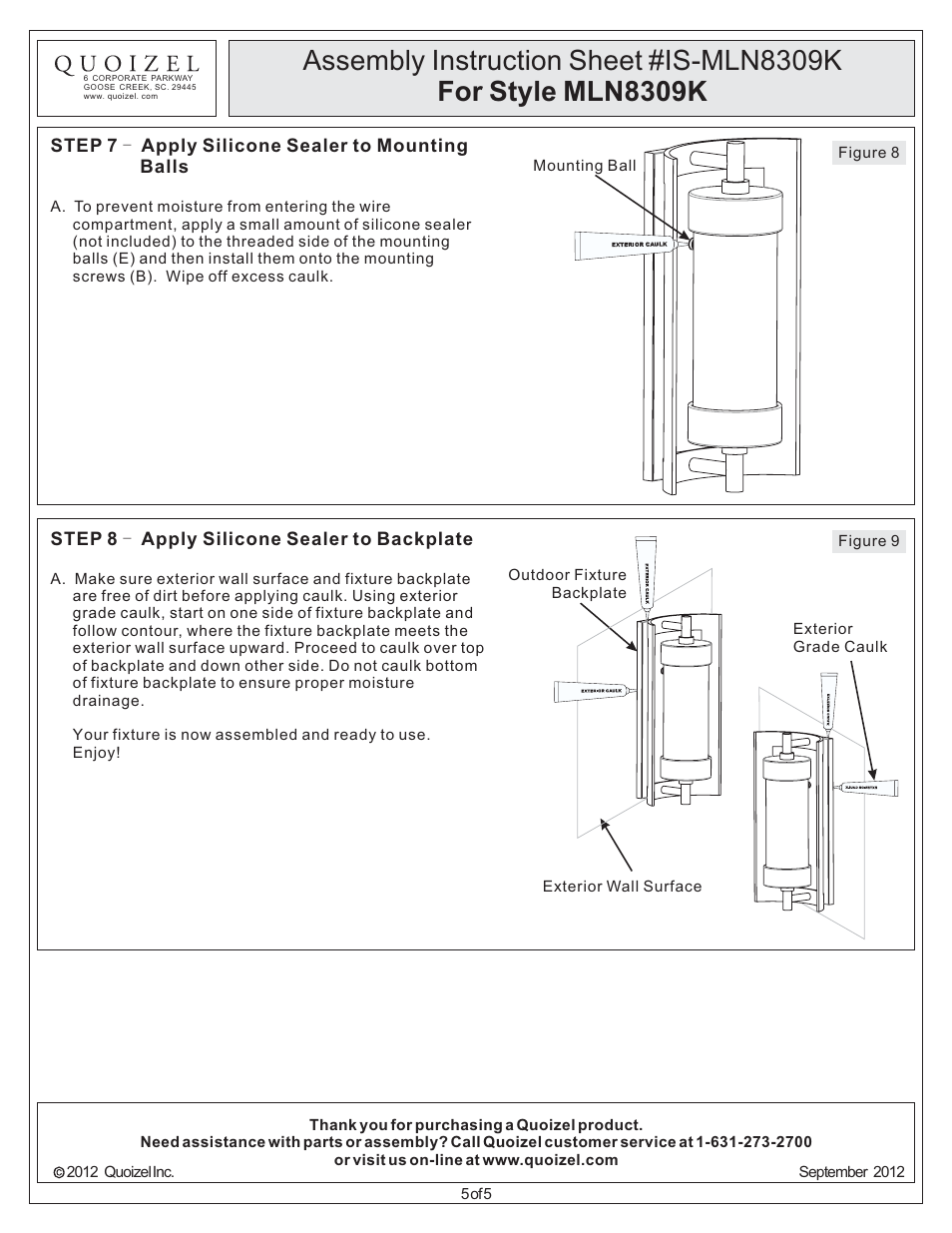 Quoizel MLN8309K Milan User Manual | Page 5 / 5