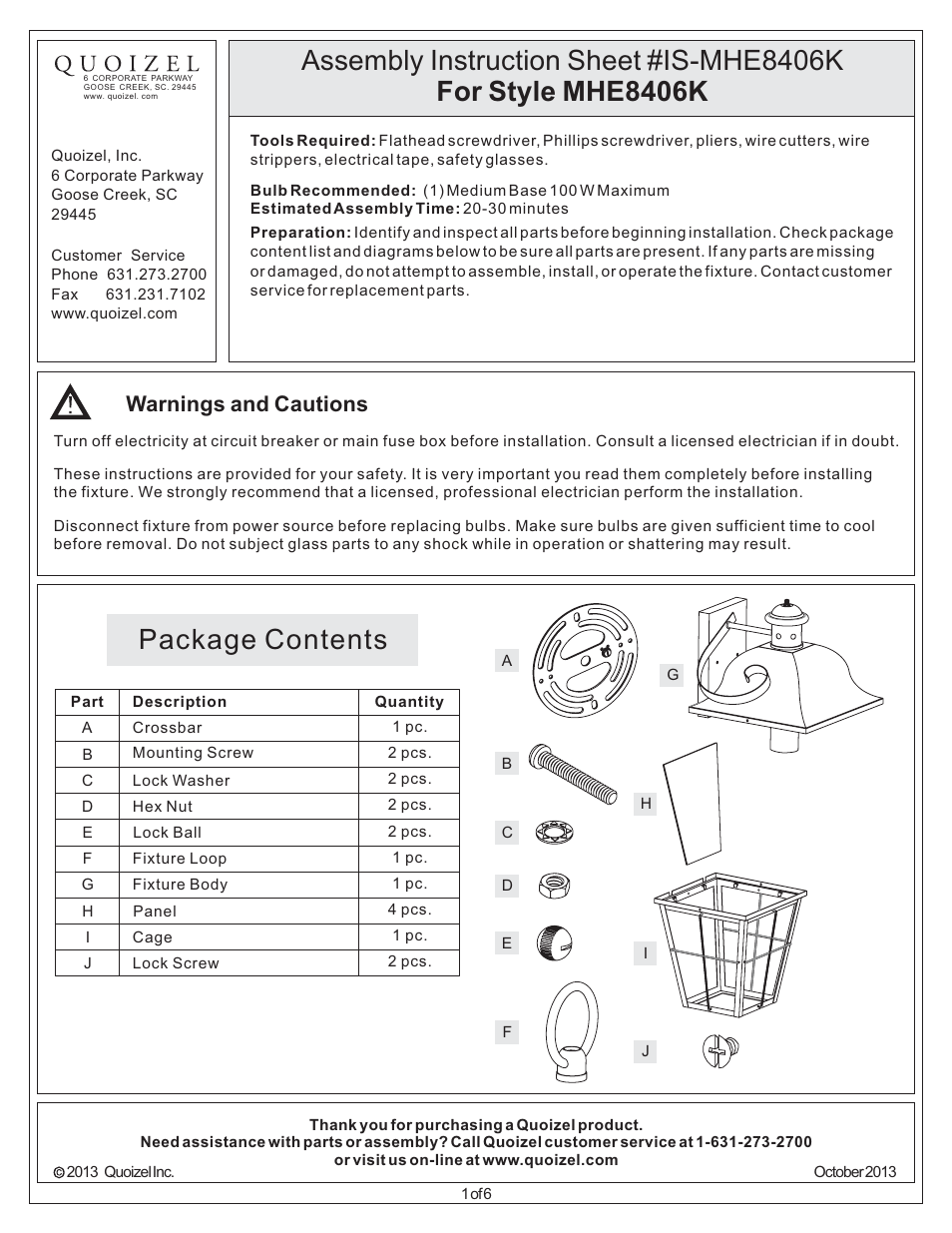 Quoizel MHE8406K Millhouse User Manual | 6 pages