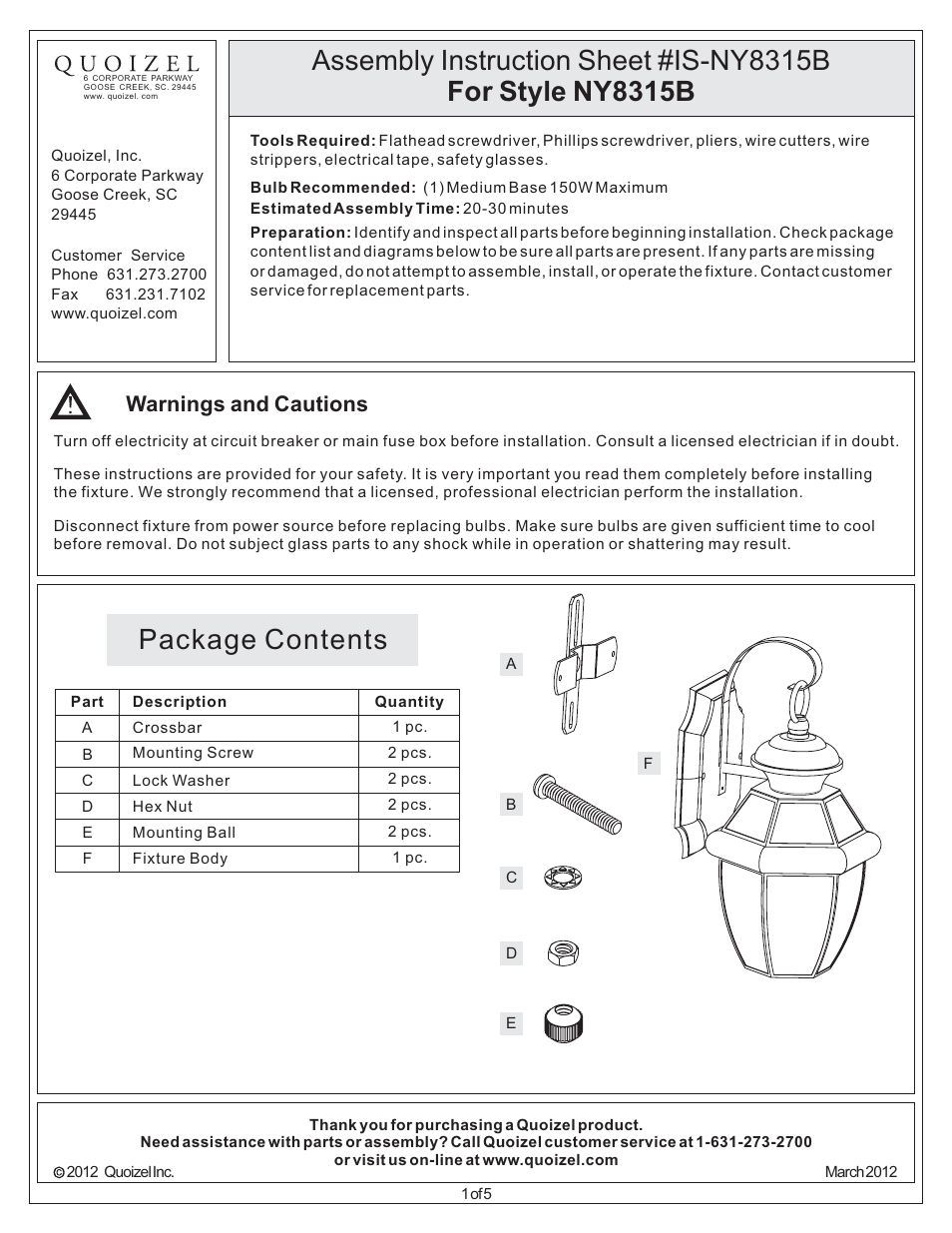 Quoizel NY8315B Newbury User Manual | 5 pages