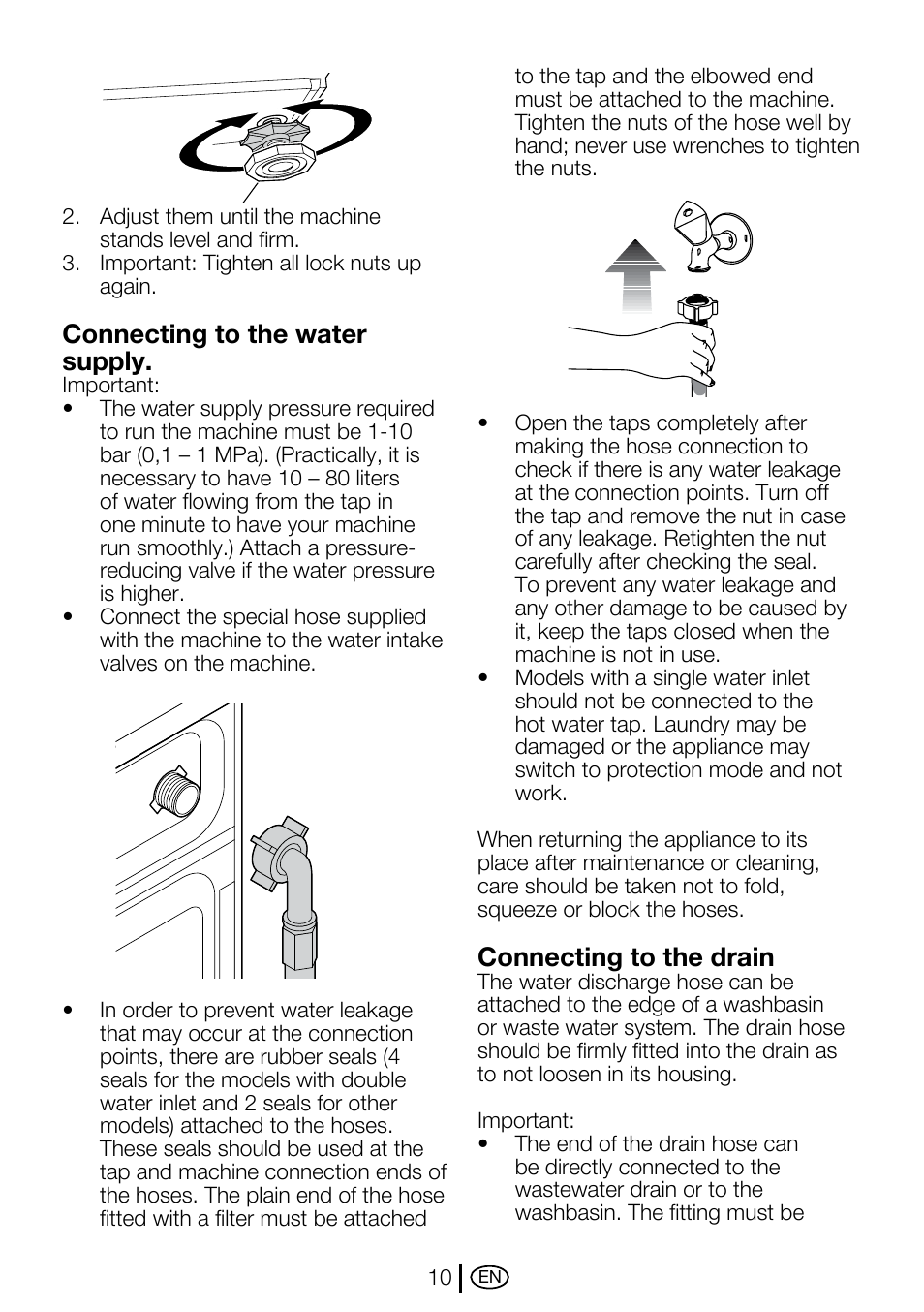 Connecting to the water supply, Connecting to the drain | Beko WMA 767 S User Manual | Page 10 / 36