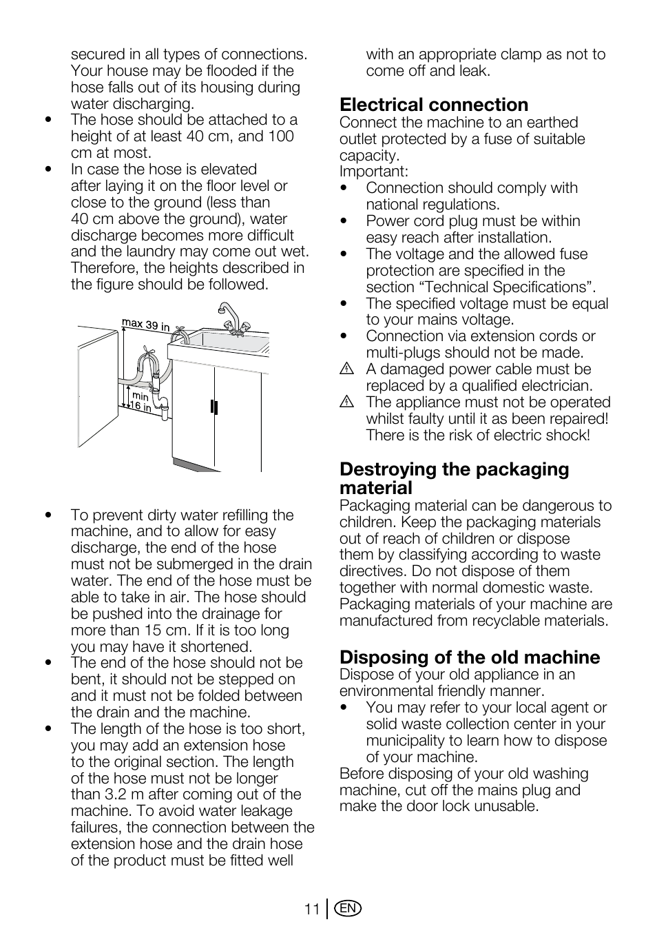 Electrical connection, Destroying the packaging material, Disposing of the old machine | Beko WMA 767 S User Manual | Page 11 / 36