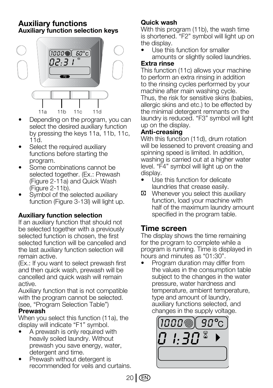 Auxiliary functions, Time screen | Beko WMA 767 S User Manual | Page 20 / 36