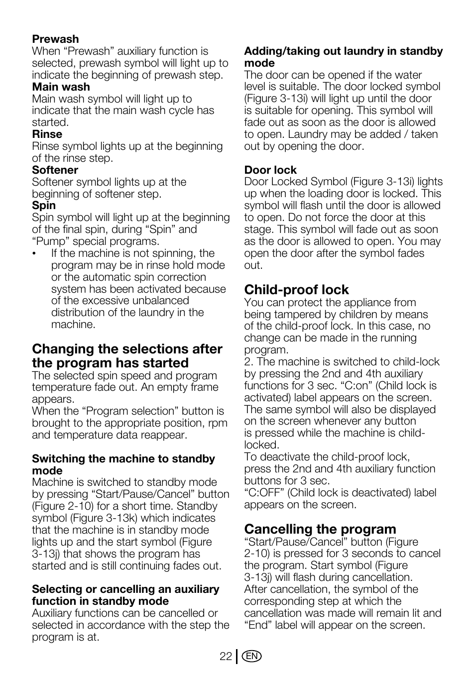 Child-proof lock, Cancelling the program | Beko WMA 767 S User Manual | Page 22 / 36