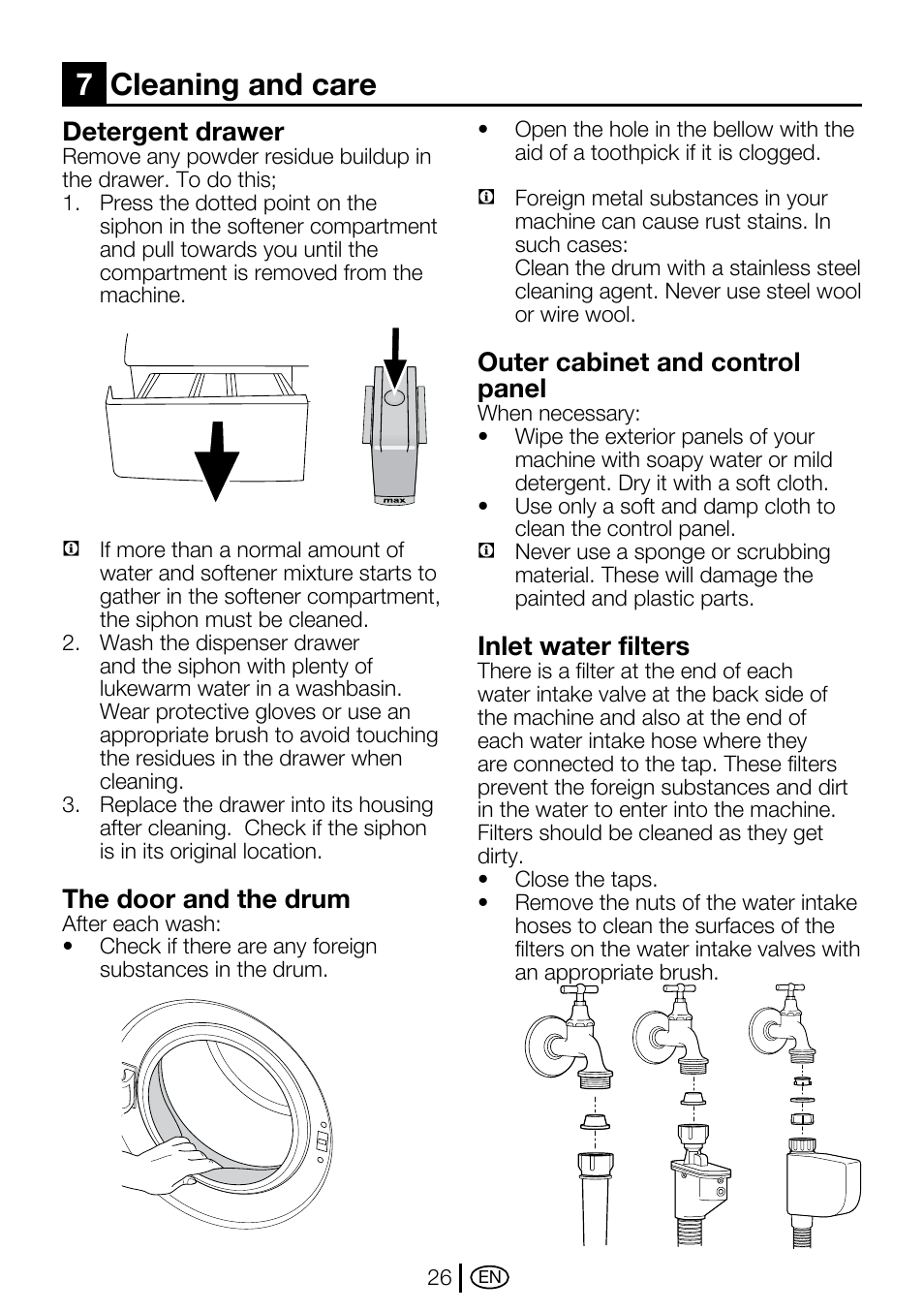 7cleaning and care, Detergent drawer, The door and the drum | Outer cabinet and control panel, Inlet water filters | Beko WMA 767 S User Manual | Page 26 / 36