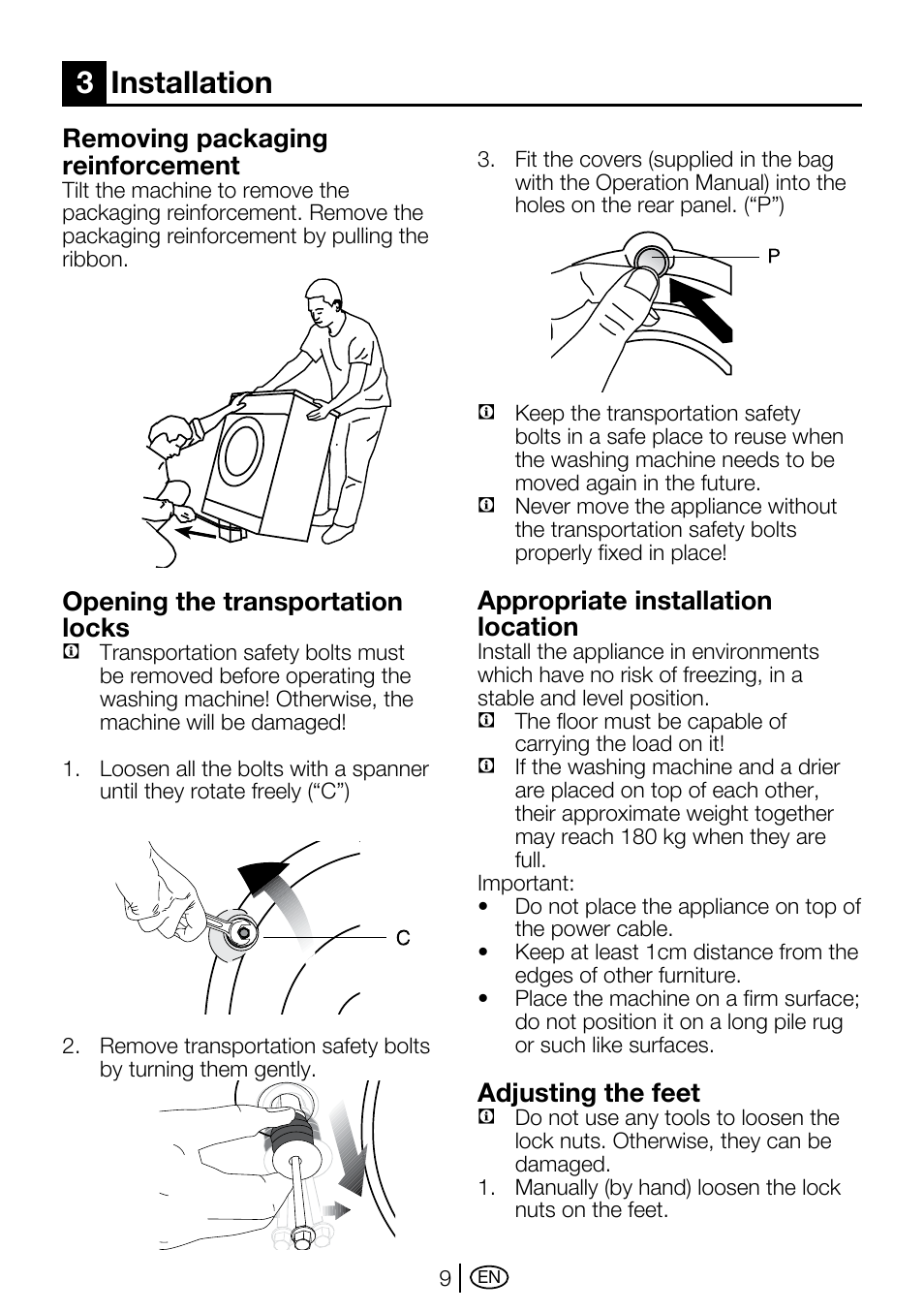 3installation, Removing packaging reinforcement, Opening the transportation locks | Appropriate installation location, Adjusting the feet | Beko WMA 767 S User Manual | Page 9 / 36