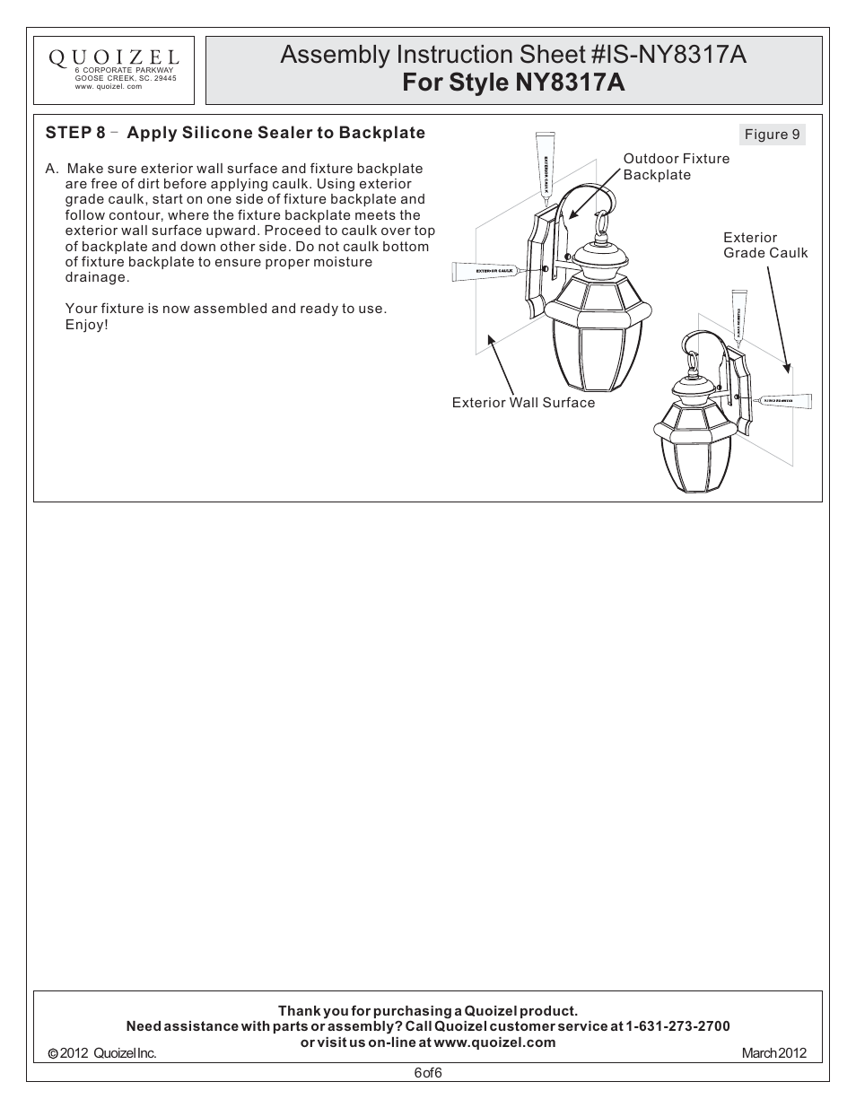 Quoizel NY8317A Newbury User Manual | Page 6 / 6