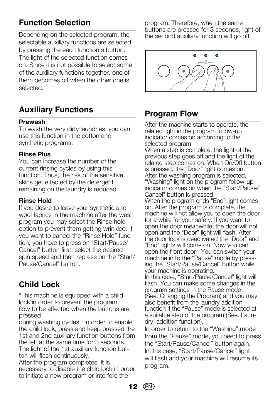 Function selection, Auxiliary functions, Child lock | Program flow | Beko 2012 CX User Manual | Page 12 / 16