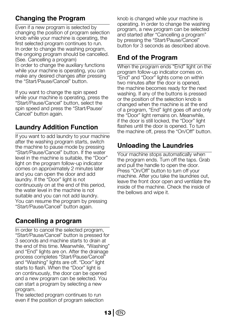 Changing the program, Laundry addition function, Cancelling a program | End of the program, Unloading the laundries | Beko 2012 CX User Manual | Page 13 / 16