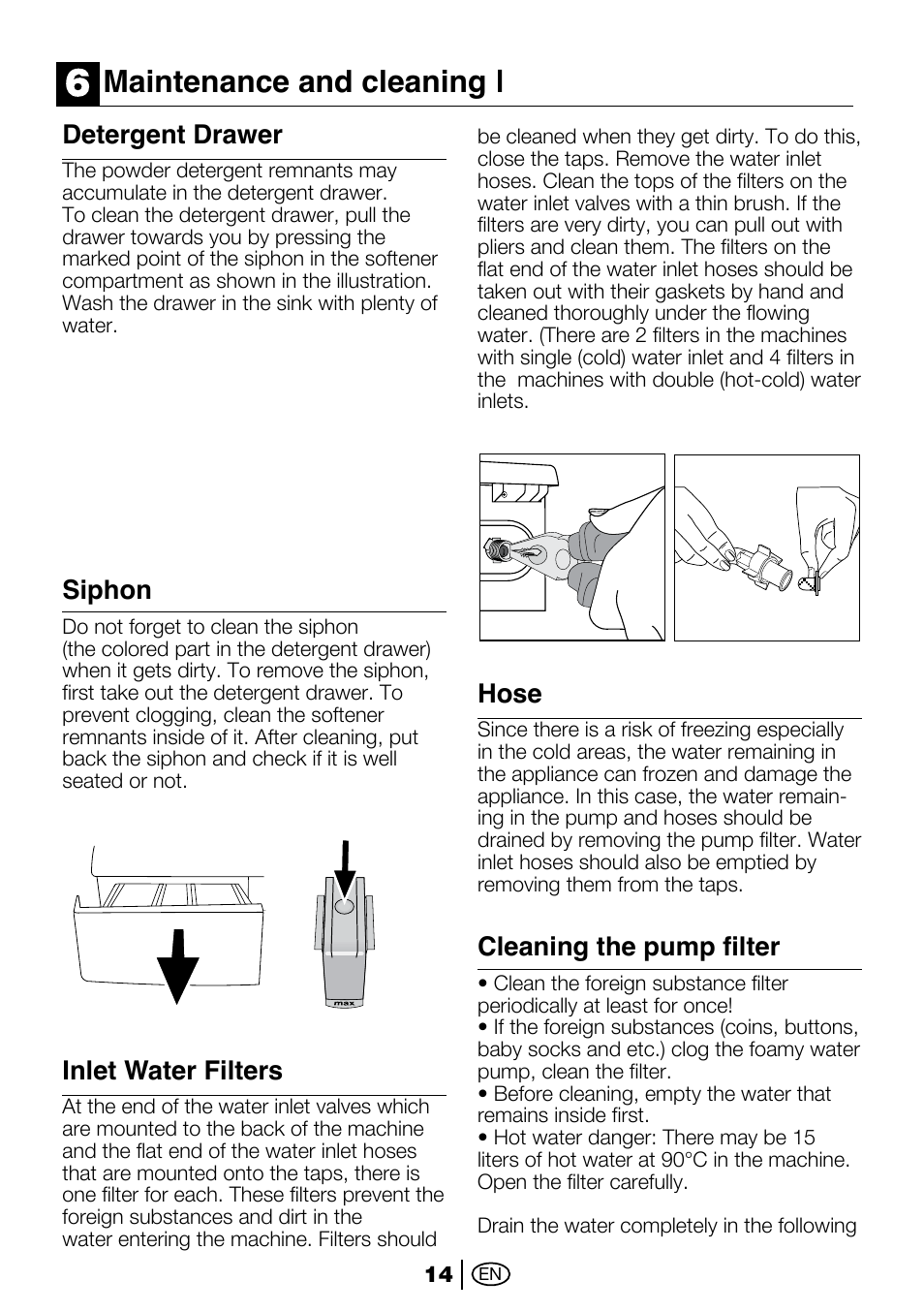Maintenance and cleaning, Siphon, Inlet water filters | Hose, Cleaning the pump filter, Detergent drawer | Beko 2012 CX User Manual | Page 14 / 16