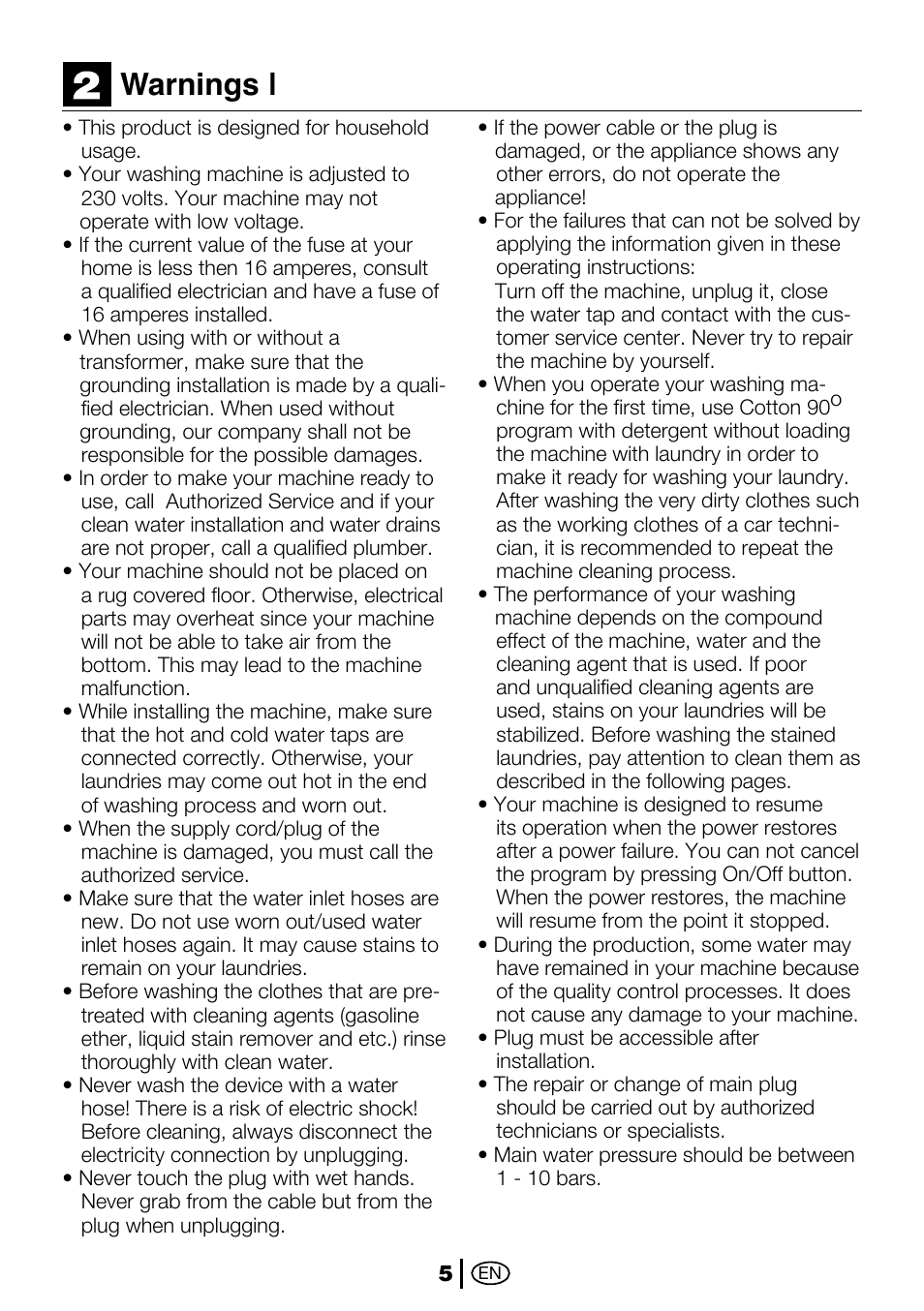 Warnings | Beko 2012 CX User Manual | Page 5 / 16