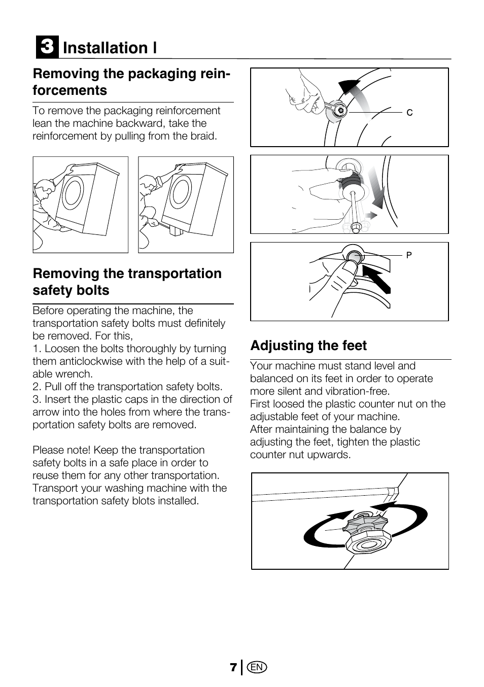 Installation, Removing the packaging rein- forcements, Removing the transportation safety bolts | Adjusting the feet | Beko 2012 CX User Manual | Page 7 / 16