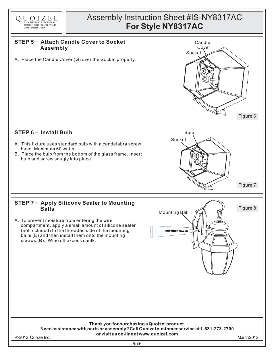 Quoizel NY8317AC Newbury User Manual | Page 5 / 6