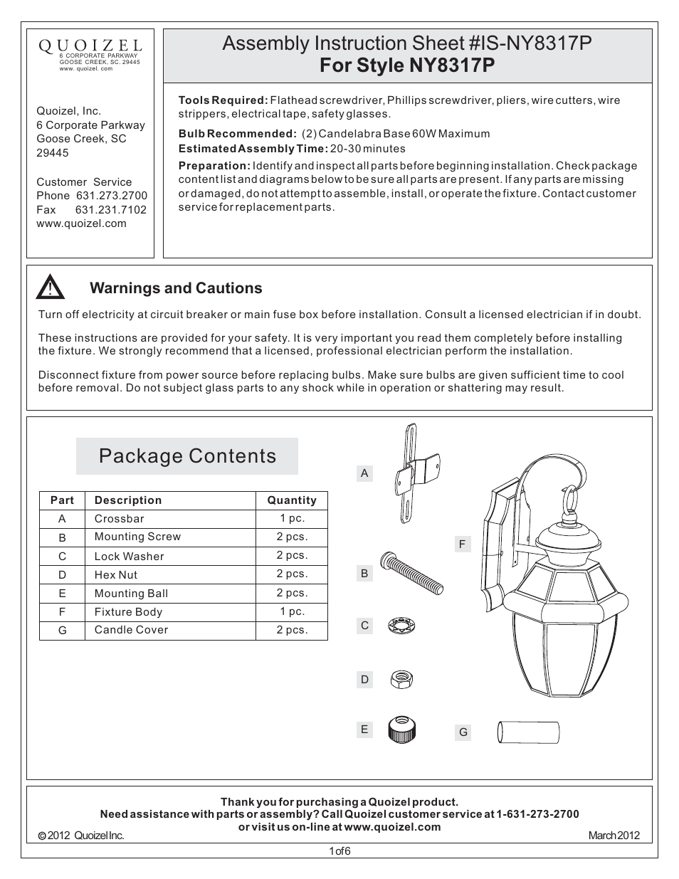 Quoizel NY8317P Newbury User Manual | 6 pages