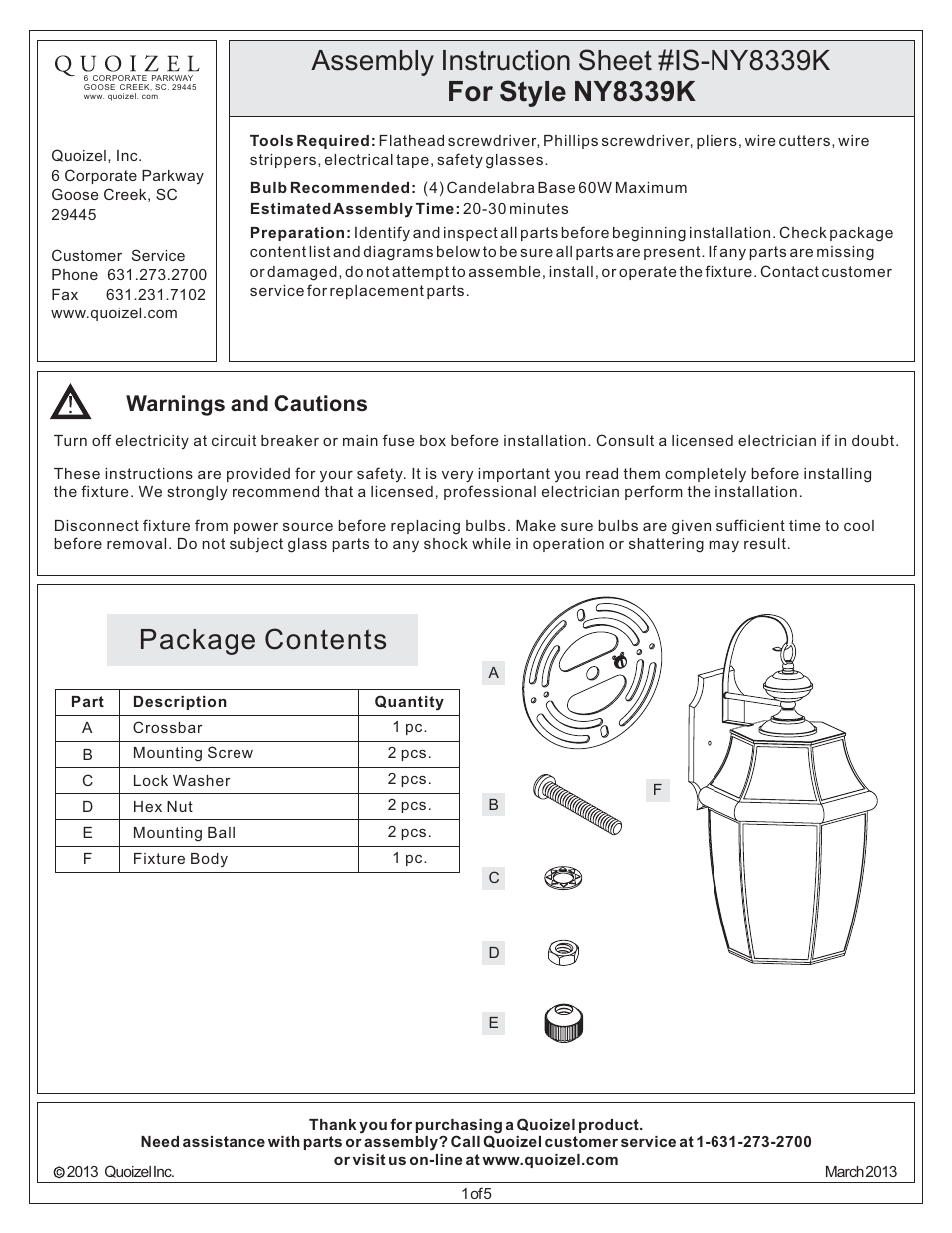 Quoizel NY8339K Newbury User Manual | 5 pages