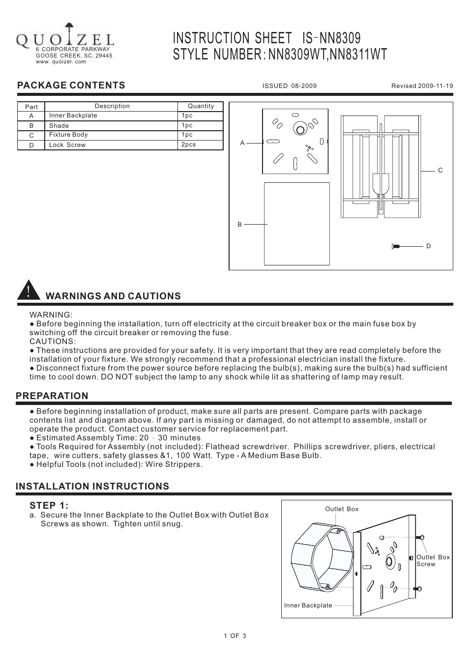 Quoizel NN8311WT Nolan User Manual | 3 pages