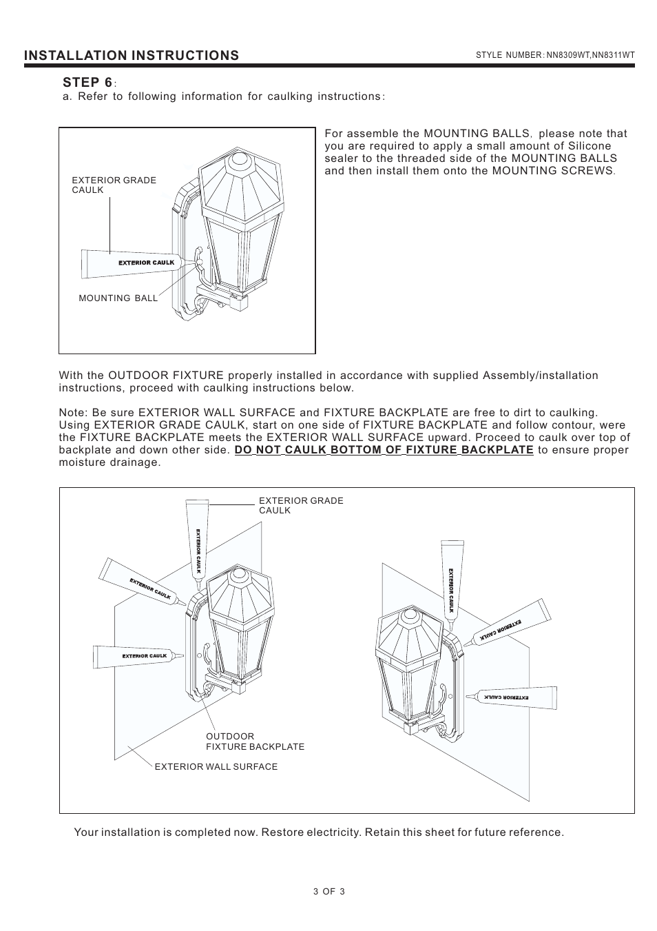 Installation instructions, Step 6 | Quoizel NN8311WT Nolan User Manual | Page 3 / 3