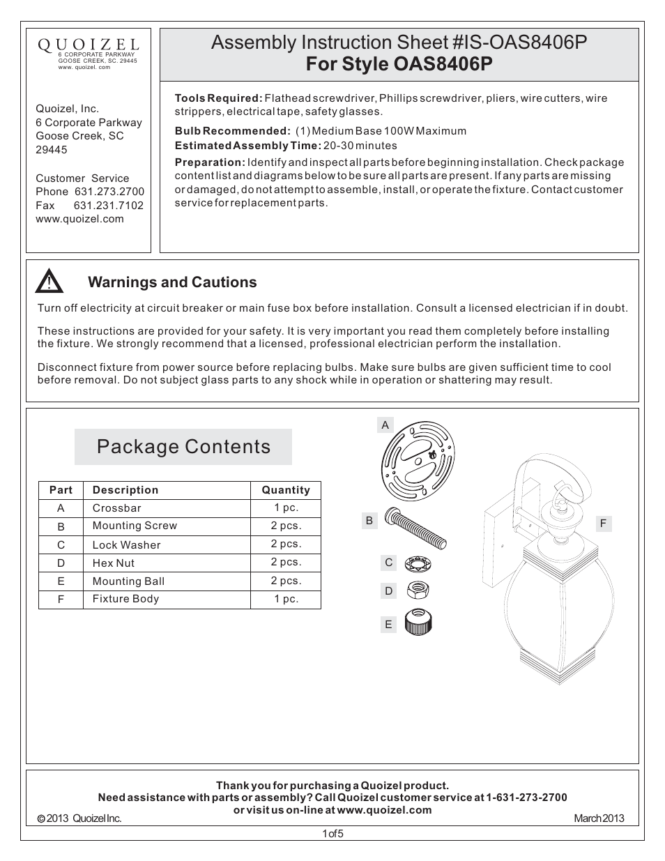 Quoizel OAS8406P Oasis User Manual | 5 pages