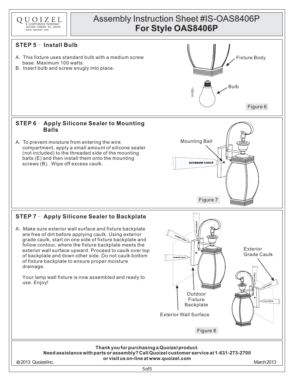 Assembly instruction sheet #is-oas8406p, For style oas8406p | Quoizel OAS8406P Oasis User Manual | Page 5 / 5