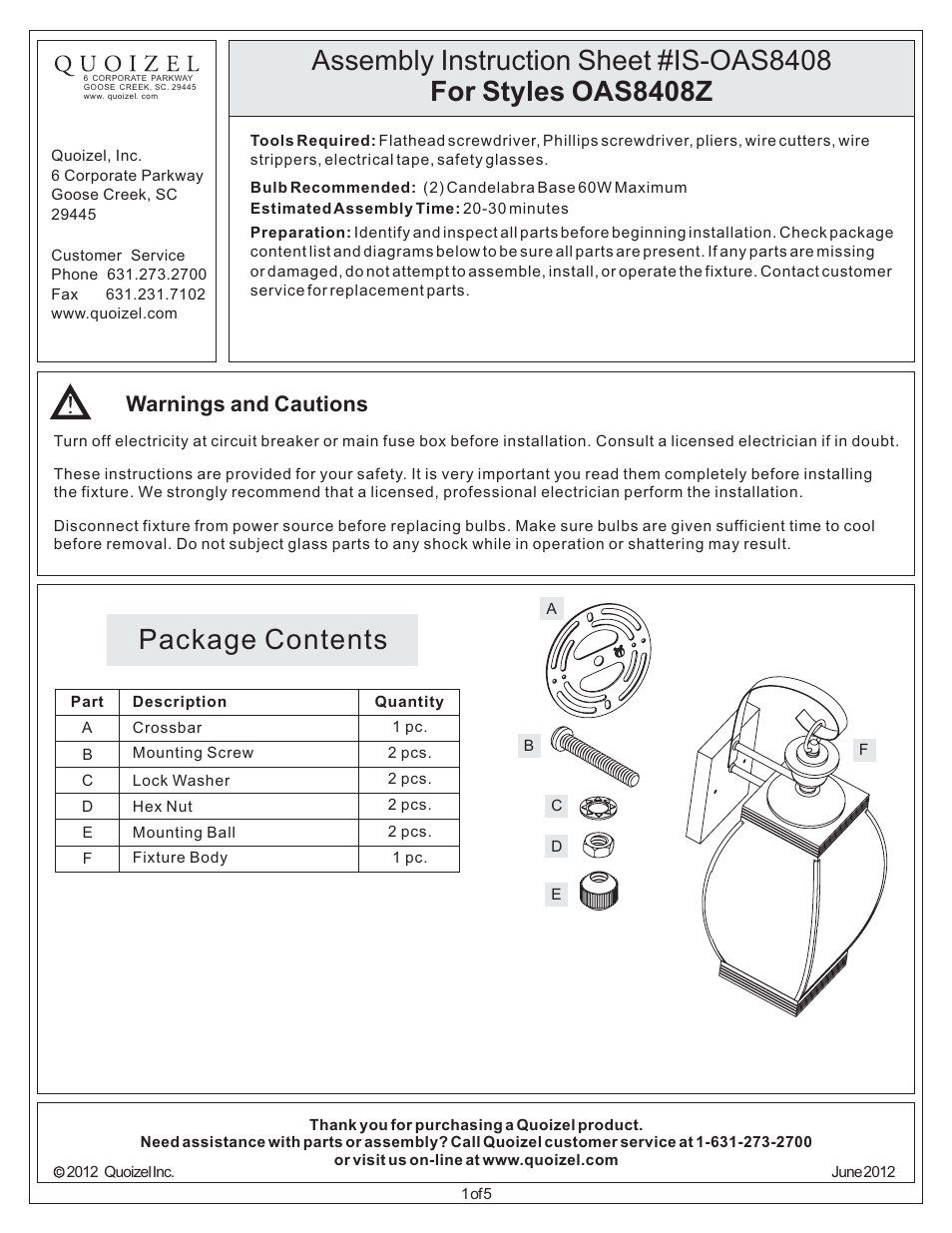 Quoizel OAS8408Z Oasis User Manual | 5 pages
