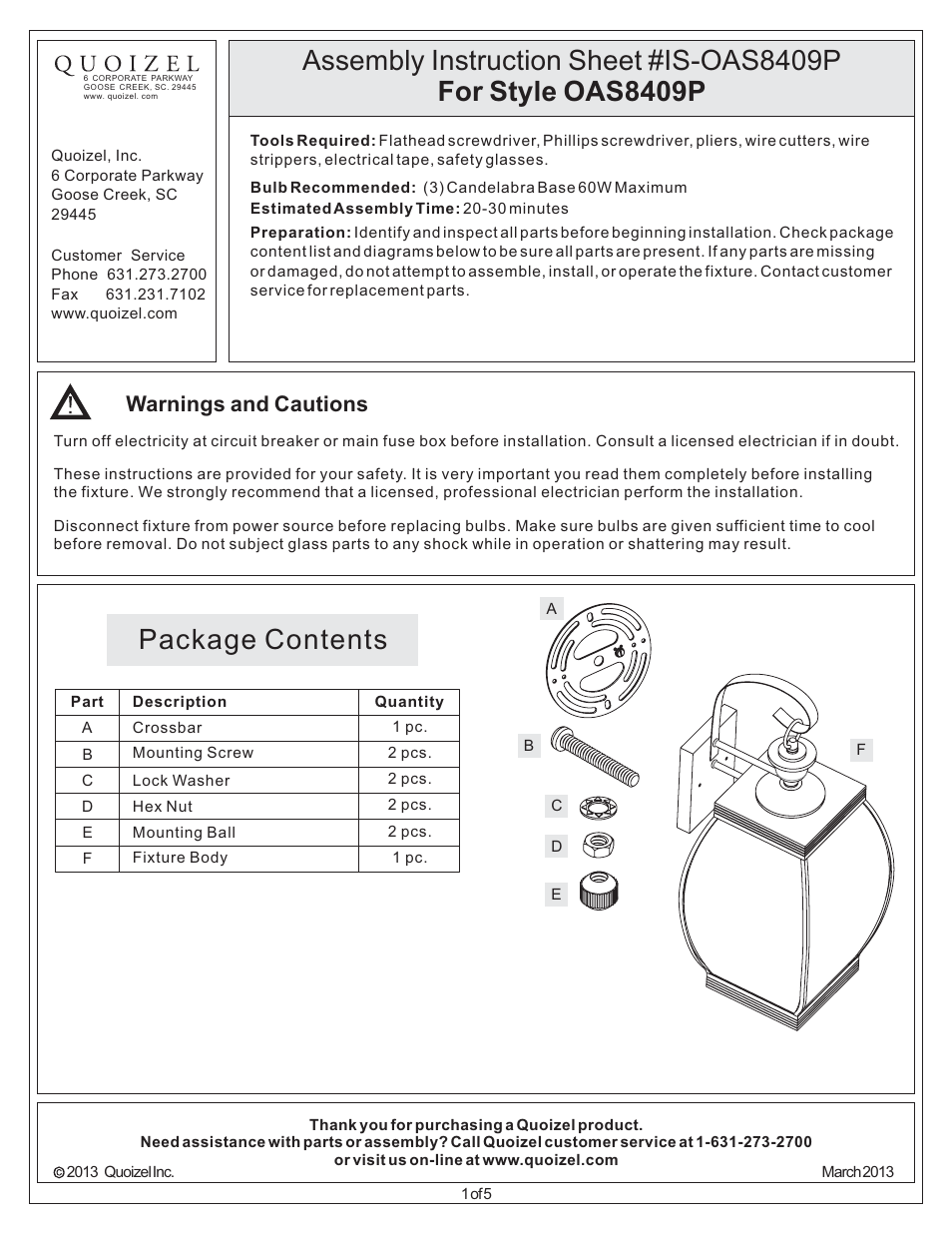 Quoizel OAS8409P Oasis User Manual | 5 pages