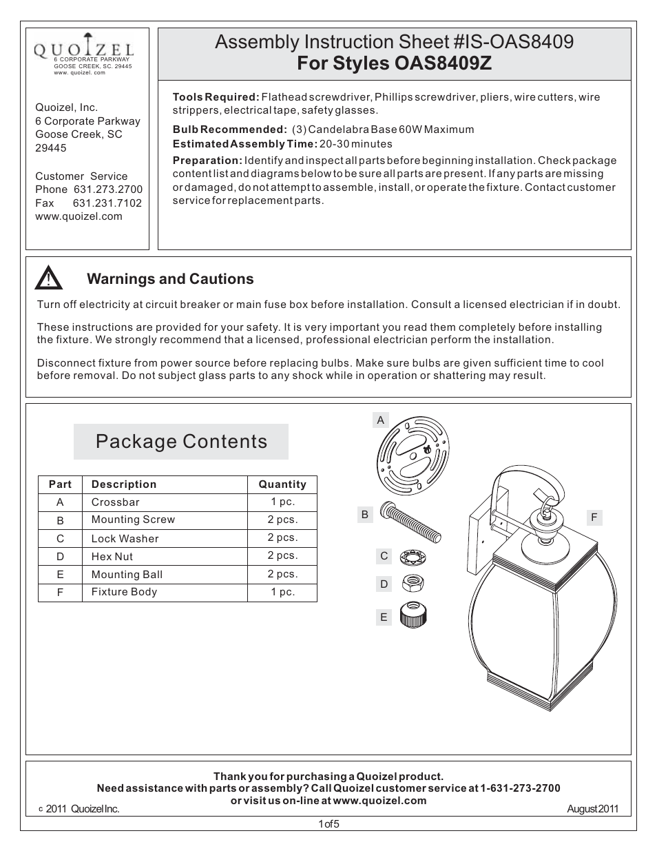 Quoizel OAS8409Z Oasis User Manual | 5 pages