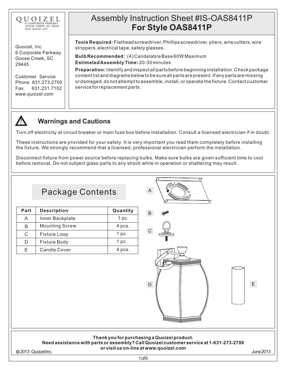 Quoizel OAS8411P Oasis User Manual | 6 pages