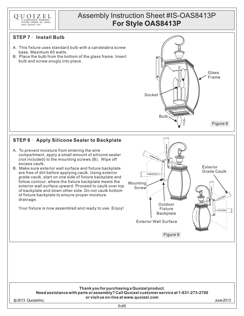 Quoizel OAS8413P Oasis User Manual | Page 6 / 6