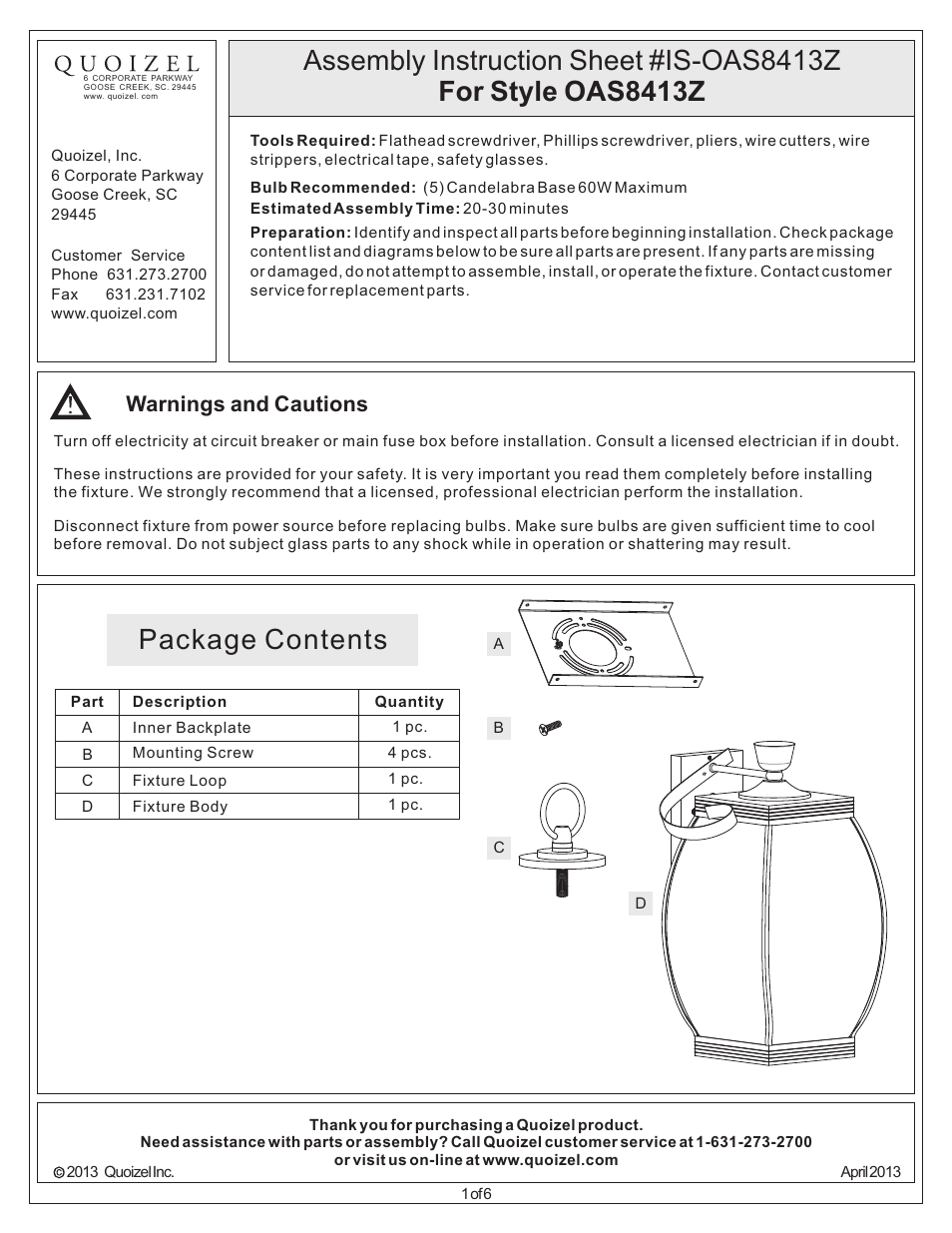 Quoizel OAS8413Z Oasis User Manual | 6 pages