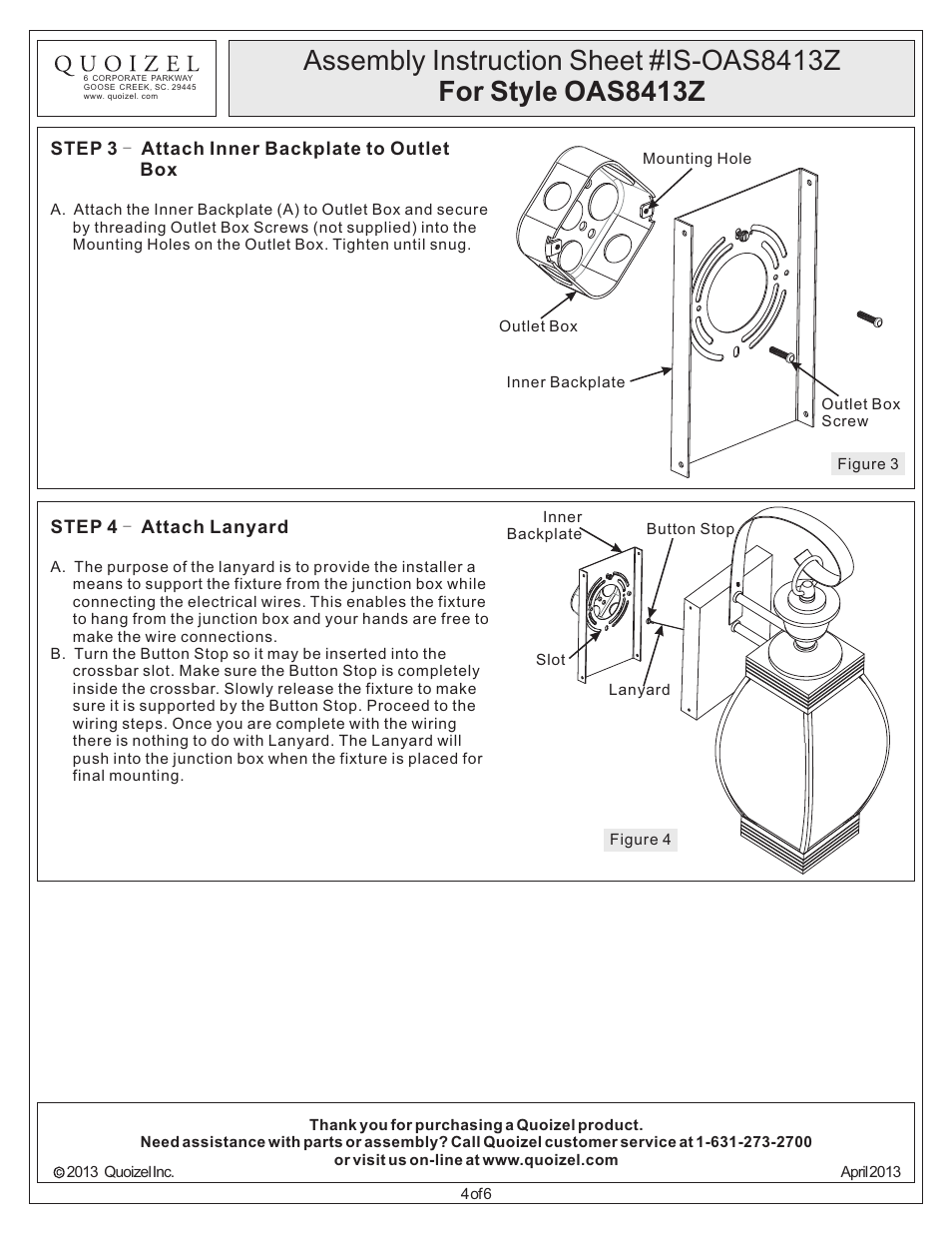 Quoizel OAS8413Z Oasis User Manual | Page 4 / 6