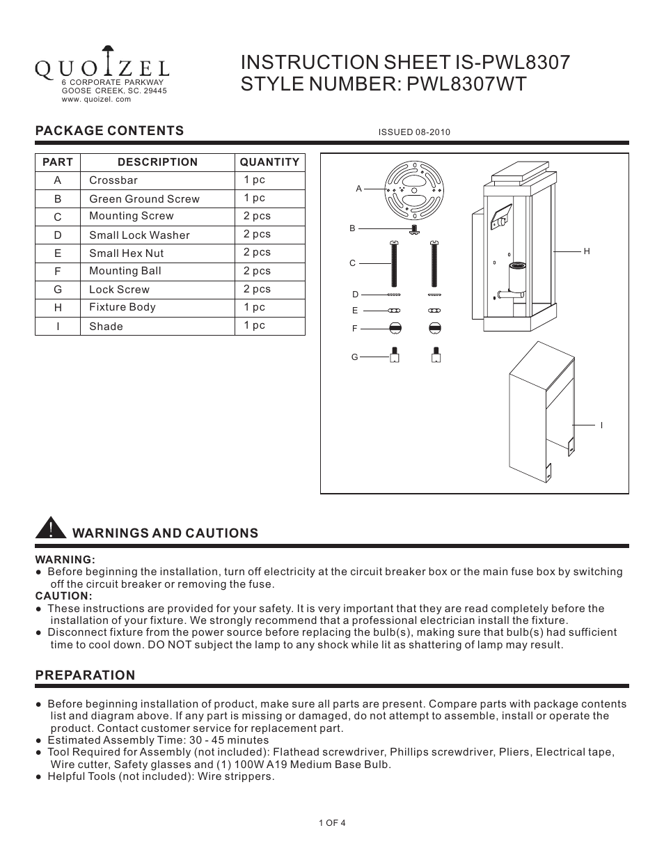 Quoizel PWL8307WT Powell User Manual | 4 pages