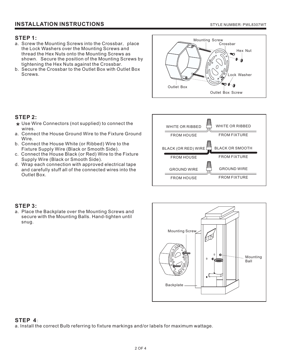 Installation instructions, Step 1, Step 2 | Step 3, Step 4 | Quoizel PWL8307WT Powell User Manual | Page 2 / 4