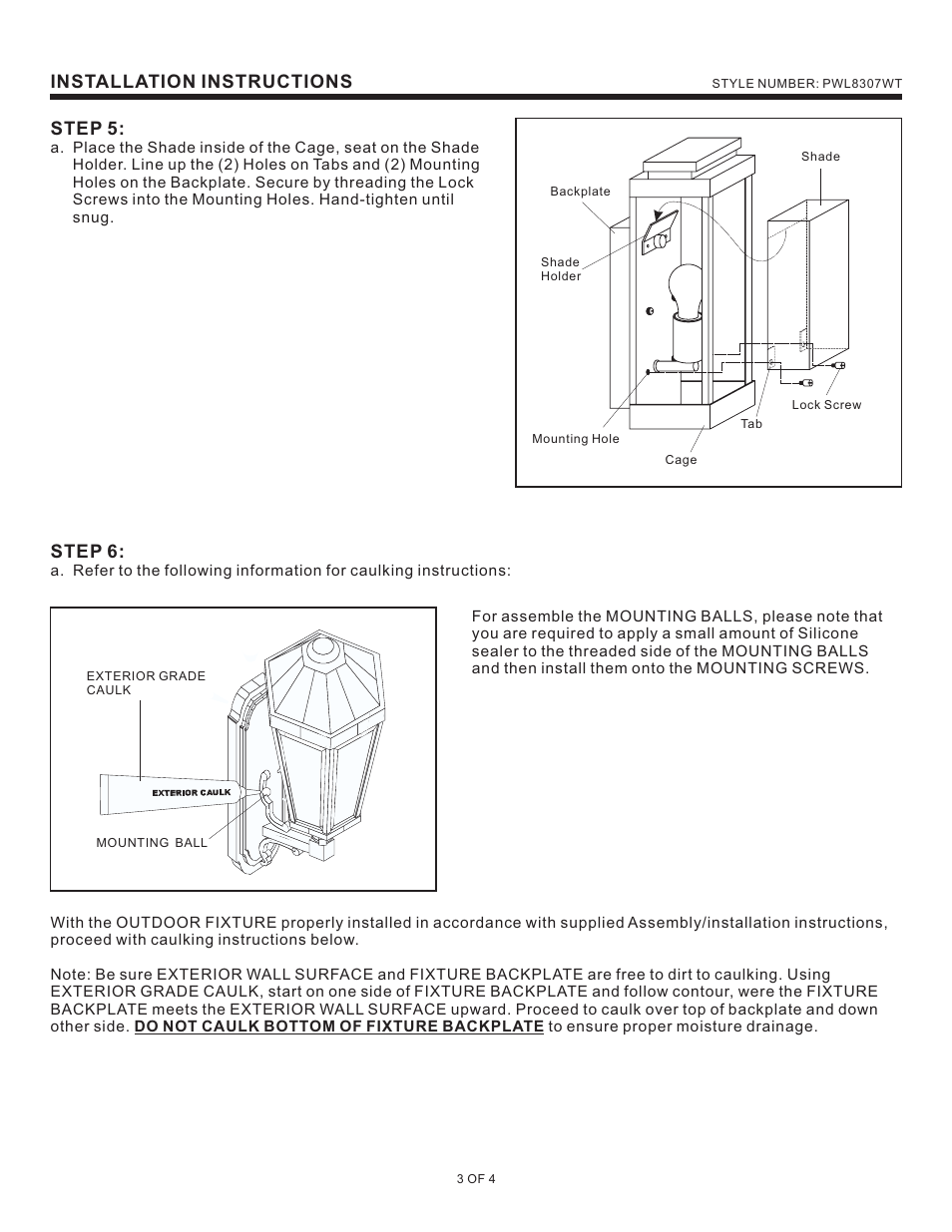 Installation instructions, Step 5, Step 6 | Quoizel PWL8307WT Powell User Manual | Page 3 / 4