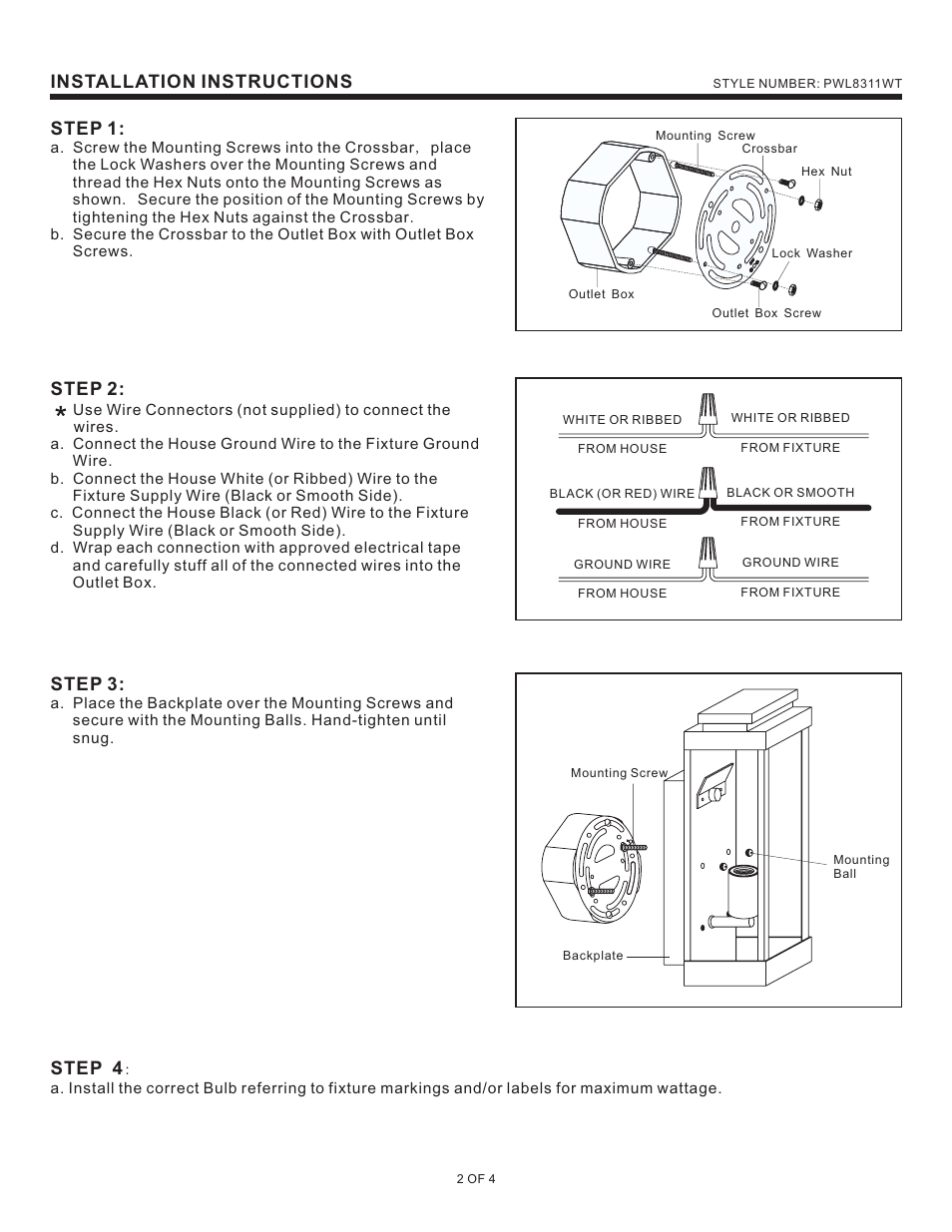 Installation instructions, Step 1, Step 2 | Step 3, Step 4 | Quoizel PWL8311WT Powell User Manual | Page 2 / 4