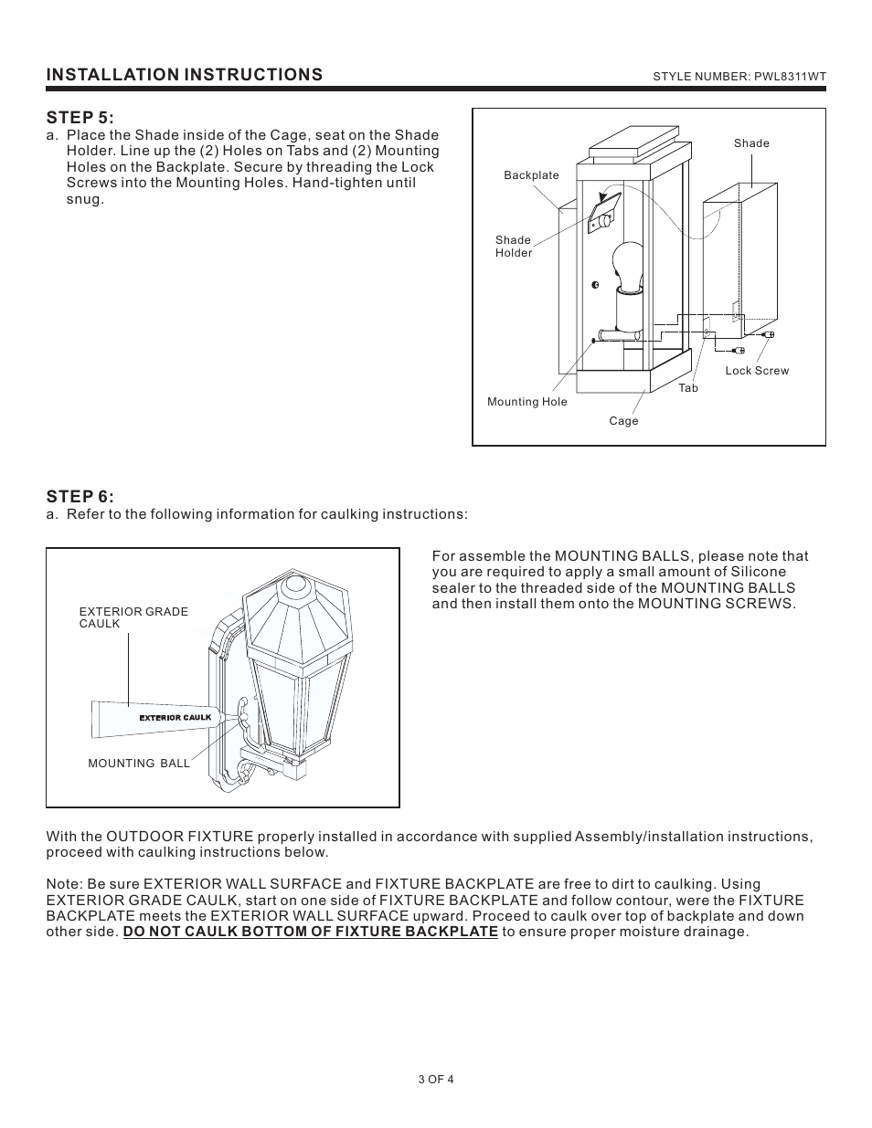 Step 5, Installation instructions, Step 6 | Quoizel PWL8311WT Powell User Manual | Page 3 / 4