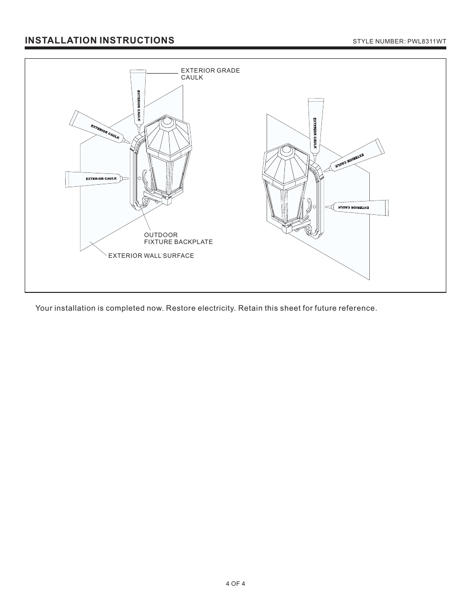 Installation instructions | Quoizel PWL8311WT Powell User Manual | Page 4 / 4