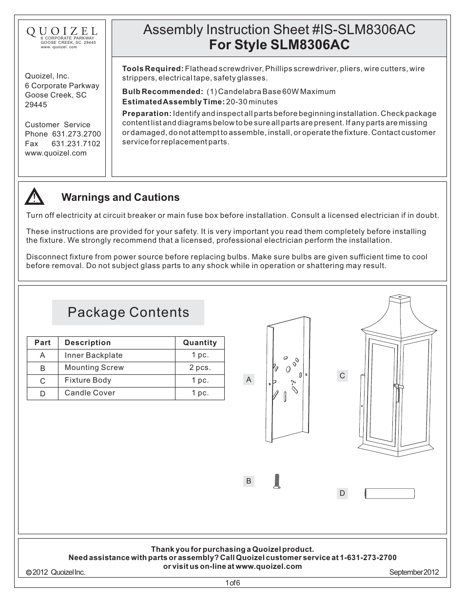 Quoizel SLM8306AC Salem User Manual | 6 pages