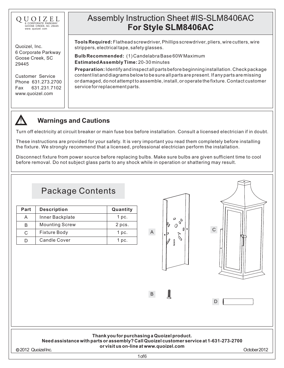 Quoizel SLM8406AC Salem User Manual | 6 pages