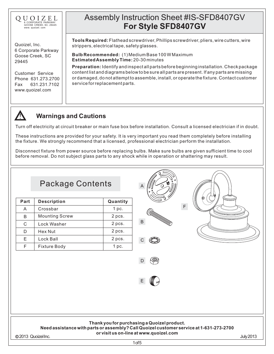 Quoizel SFD8407GV Seaford User Manual | 5 pages