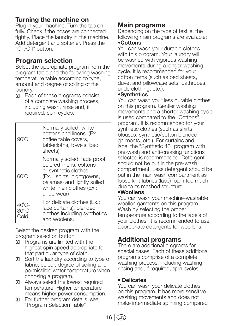 Turning the machine on, Program selection, Main programs | Additional programs | Beko WMXD 760 S User Manual | Page 16 / 36