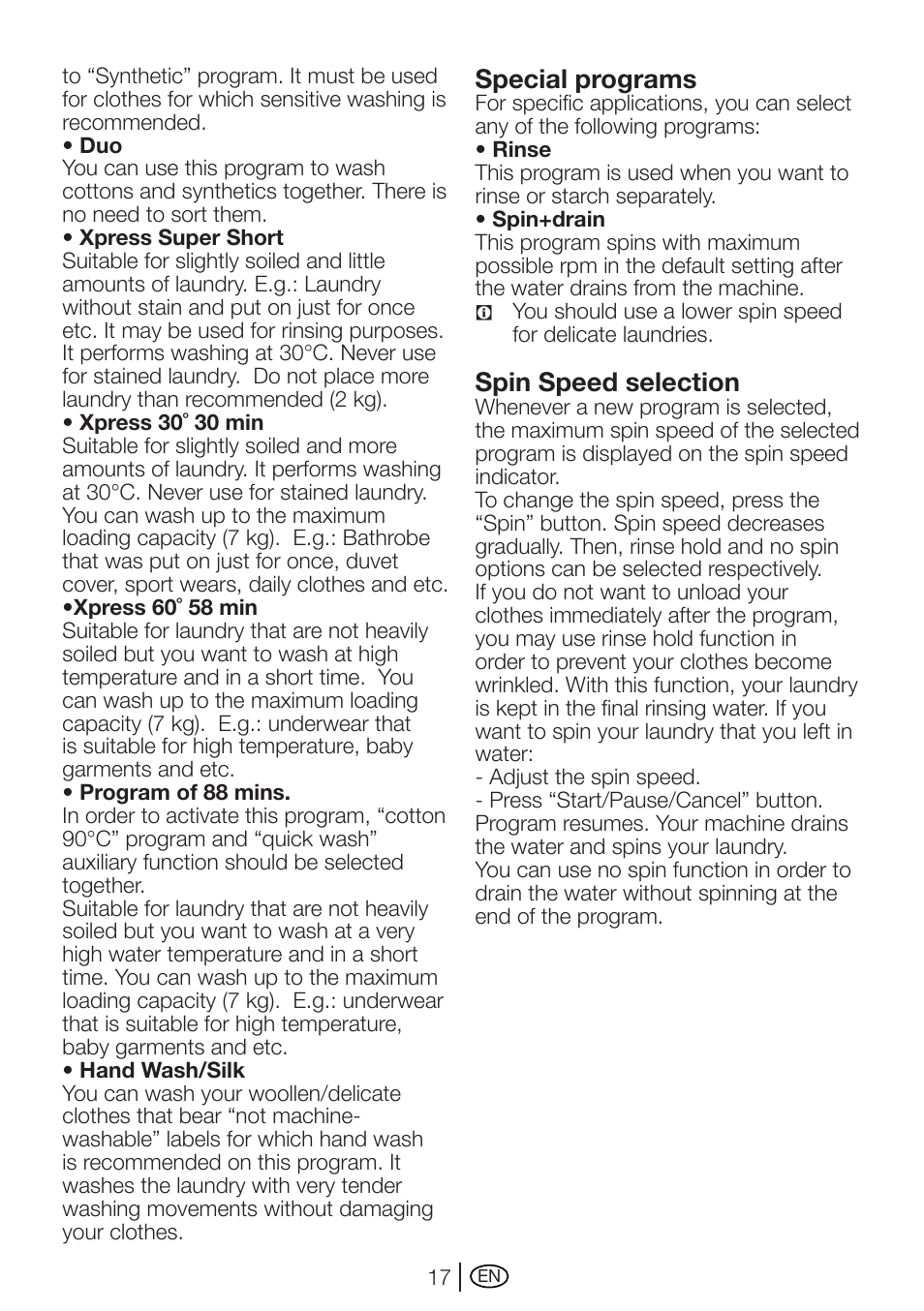 Special programs, Spin speed selection | Beko WMXD 760 S User Manual | Page 17 / 36